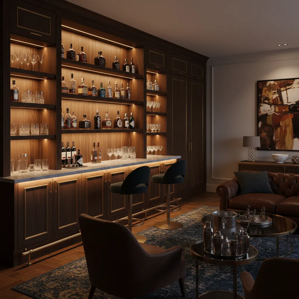 Bar doméstico estilo lounge con iluminación cálida y materiales oscuros