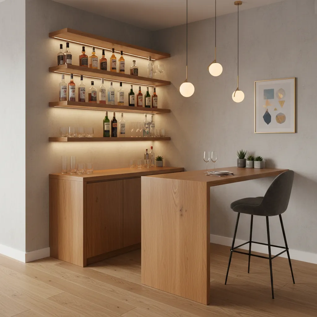 Pequeño bar doméstico con estanterías abiertas y encimera de madera