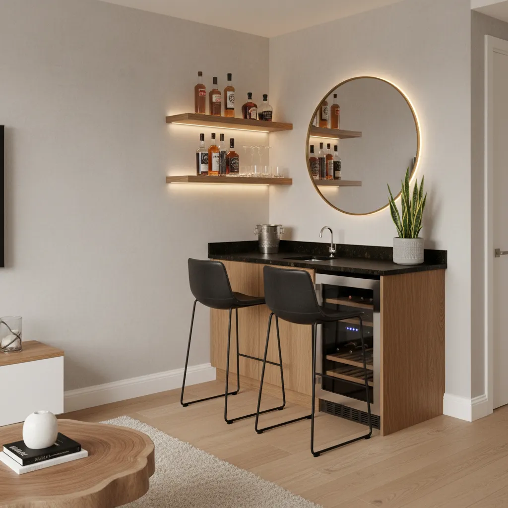 Pequeño bar doméstico integrado en una esquina del salón con estantes de madera