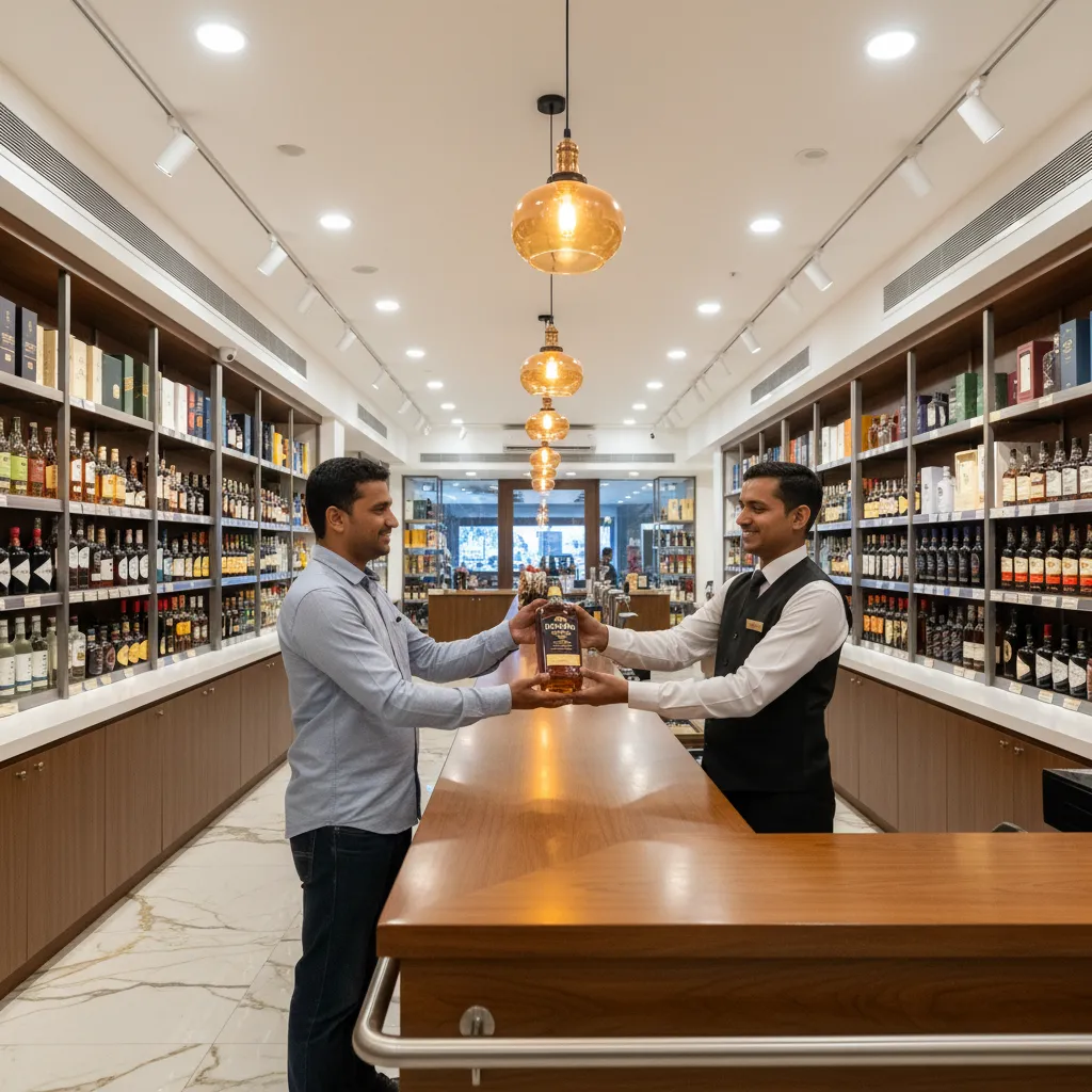 Customer purchasing brandy at a bar style counter in Chennai