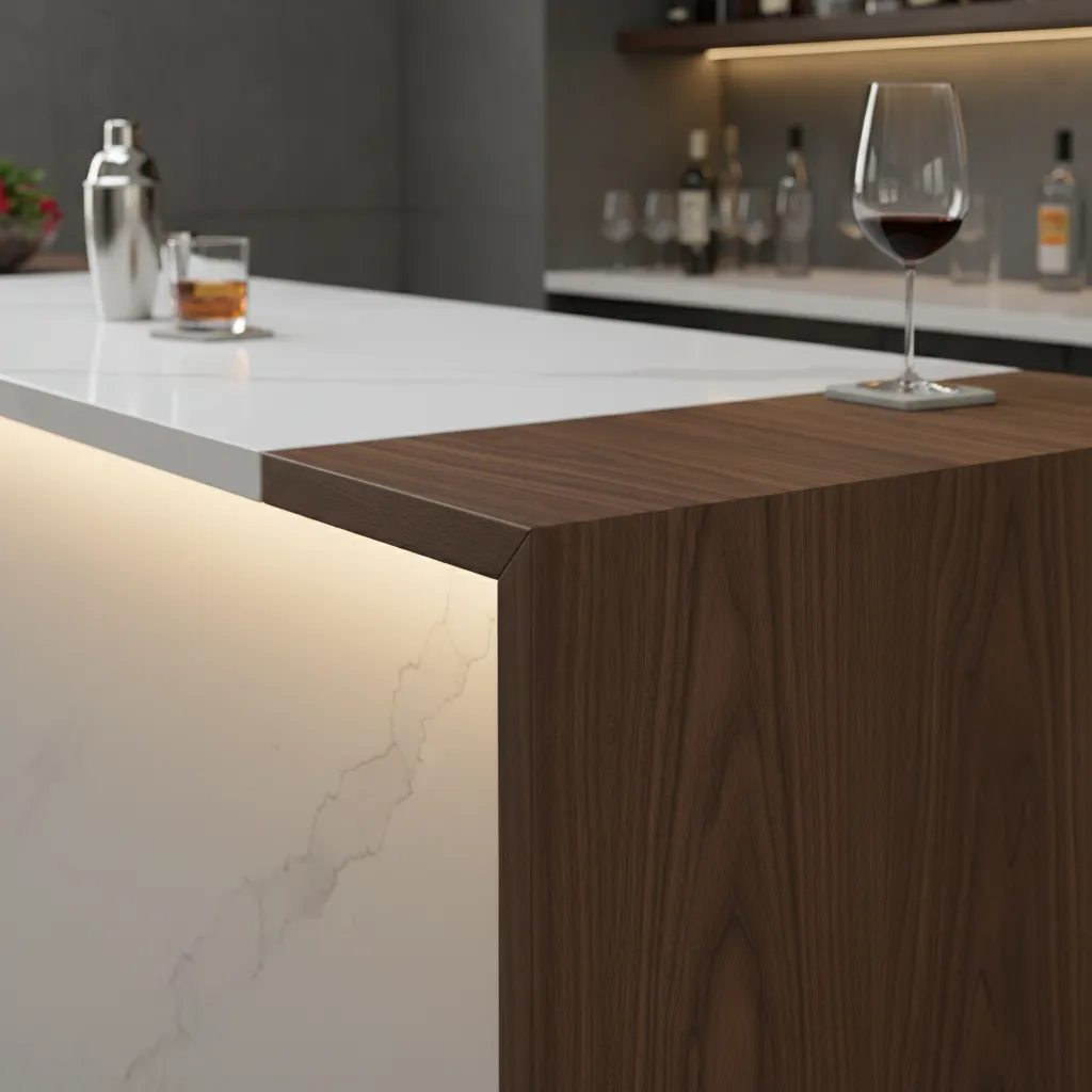 Encimera de cuarzo y madera en barra de bar doméstica