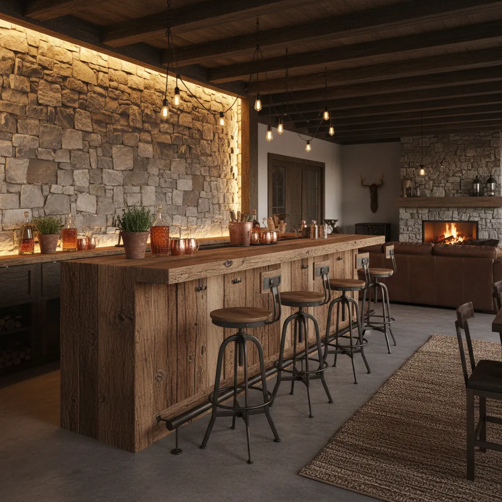 Interior design drawing of a wooden bar with stone wall, industrial stools, and cozy fireplace