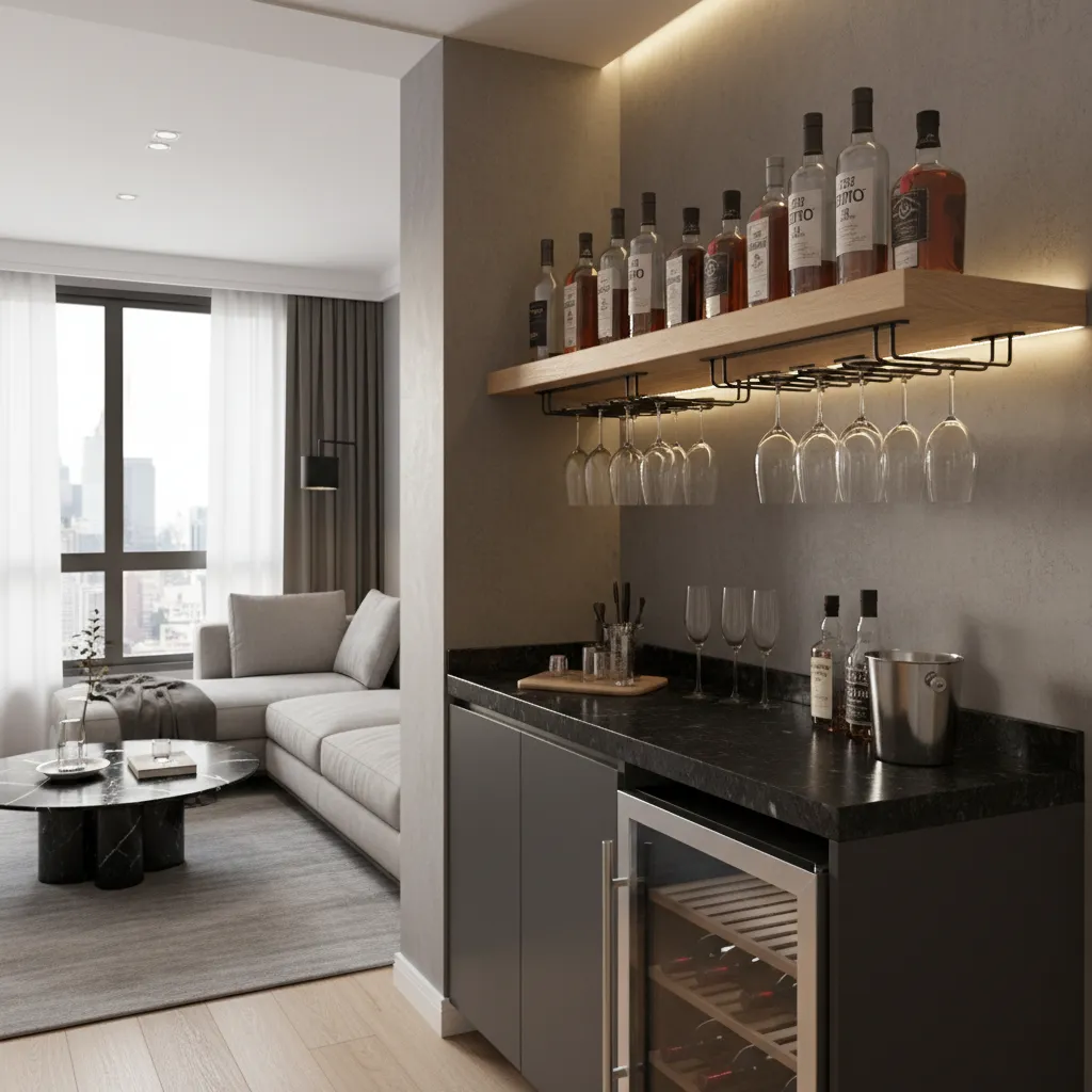small bar wall with floating shelf and hanging stemware rack