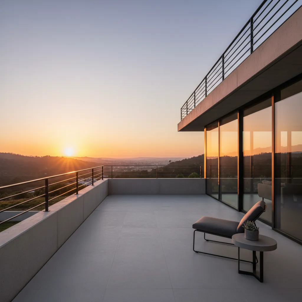 Balcón de casa moderna con barandal minimalista de metal