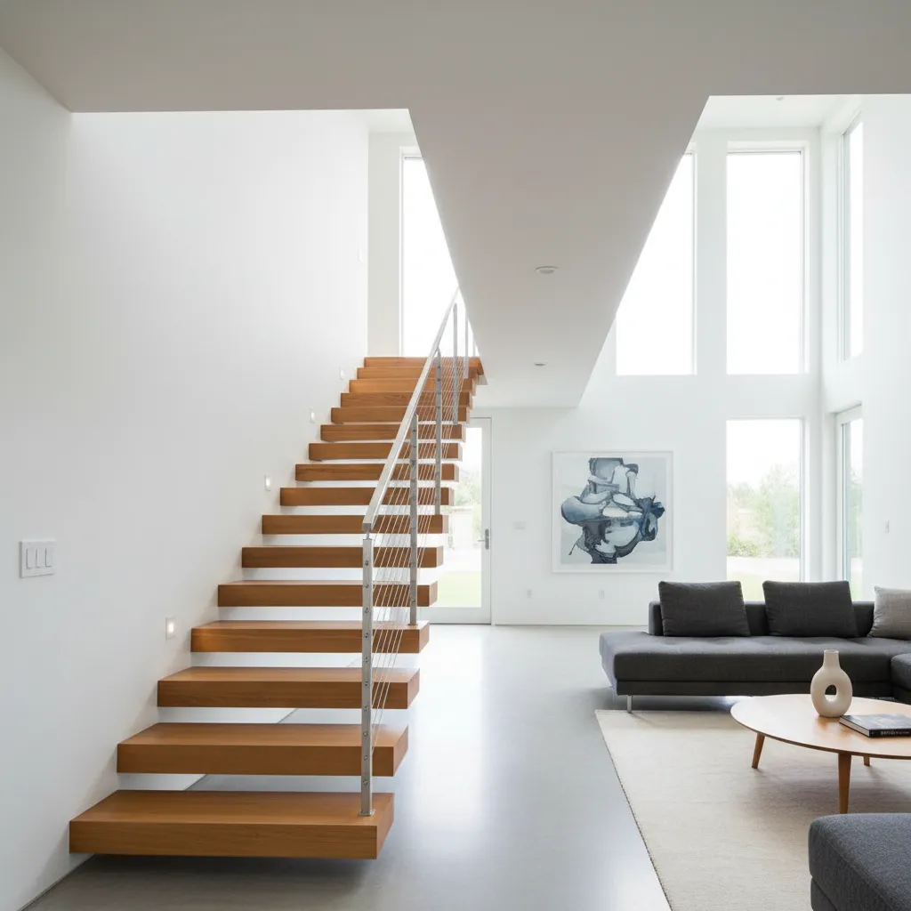 Barandal moderno con cables de acero en escalera interior