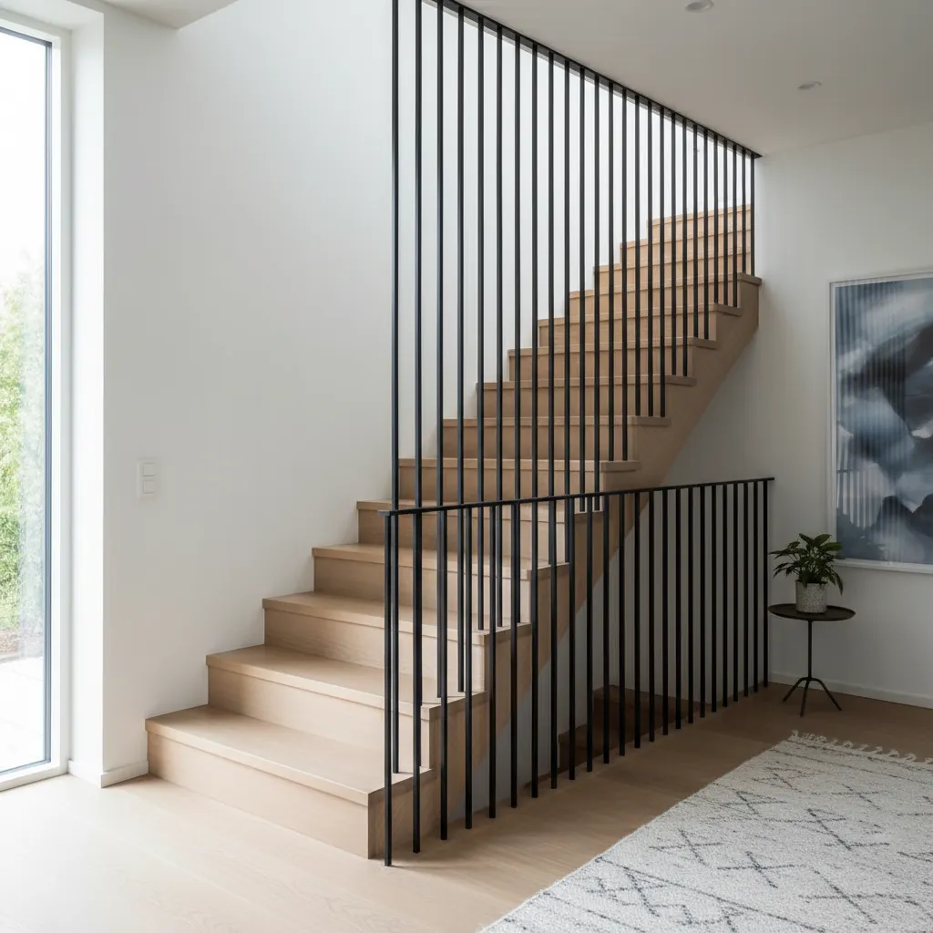 Barandal interior de metal negro con diseño vertical minimalista