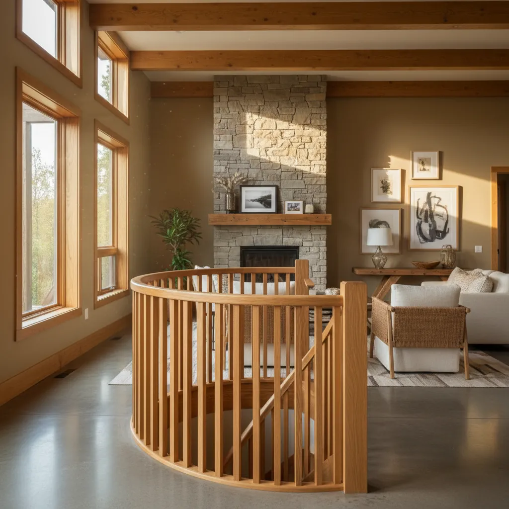 Escalera interior con barandal de madera natural