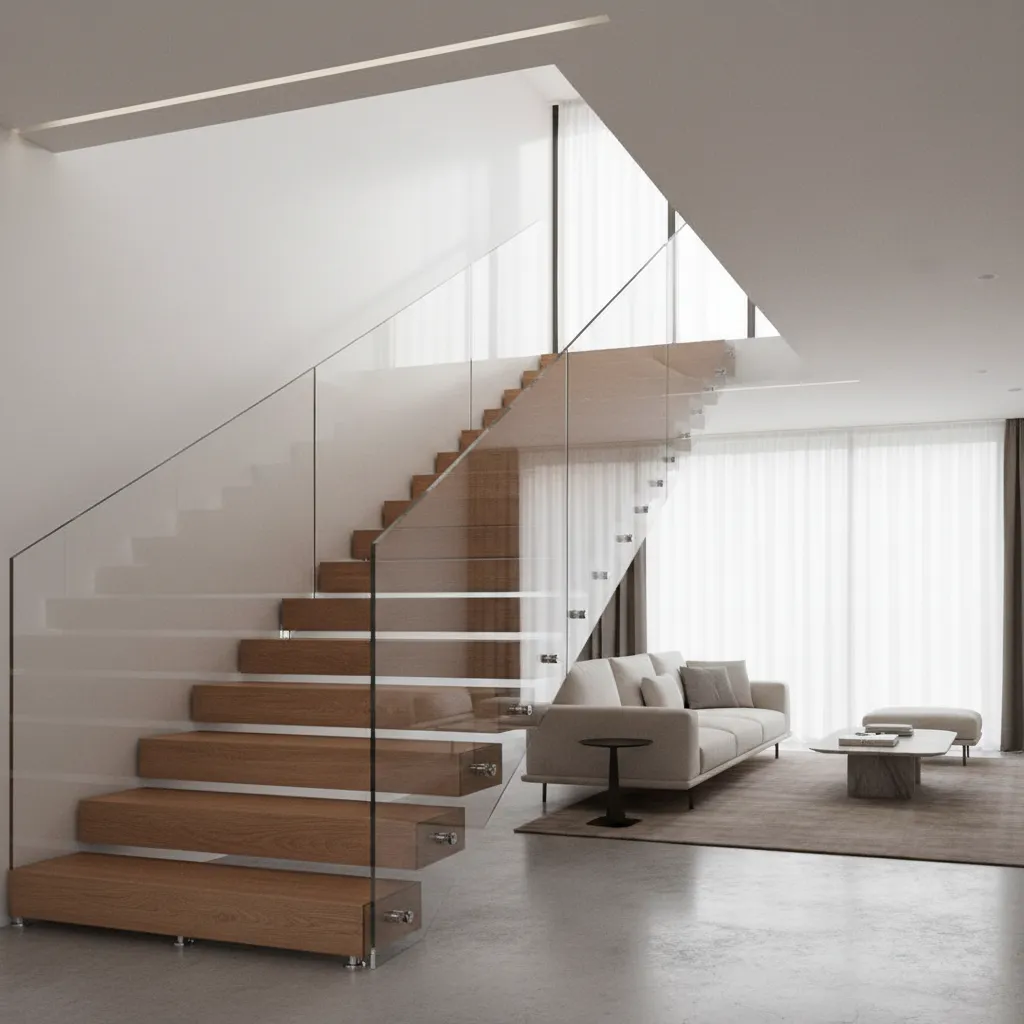 Barandal de vidrio templado en escalera interior moderna