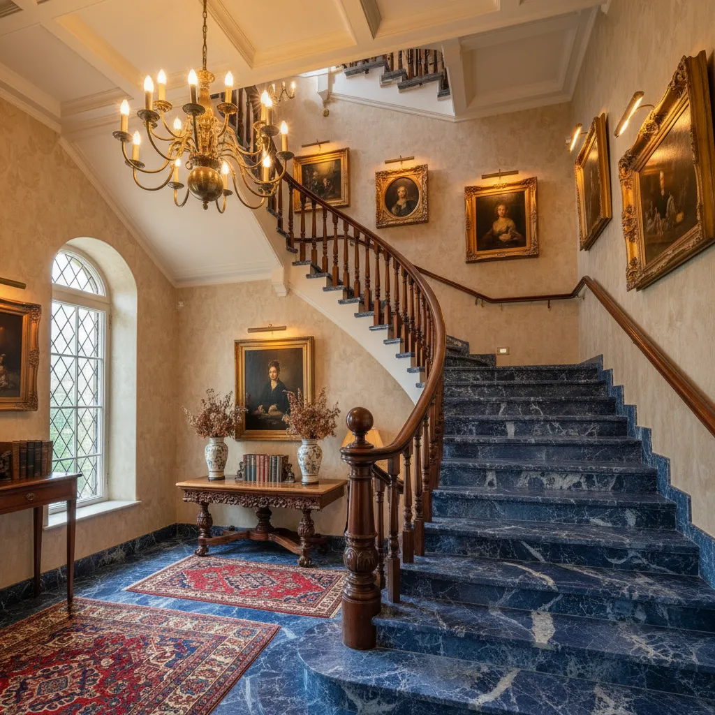 Escalera con peldaños de mármol azul y barandilla de madera oscura