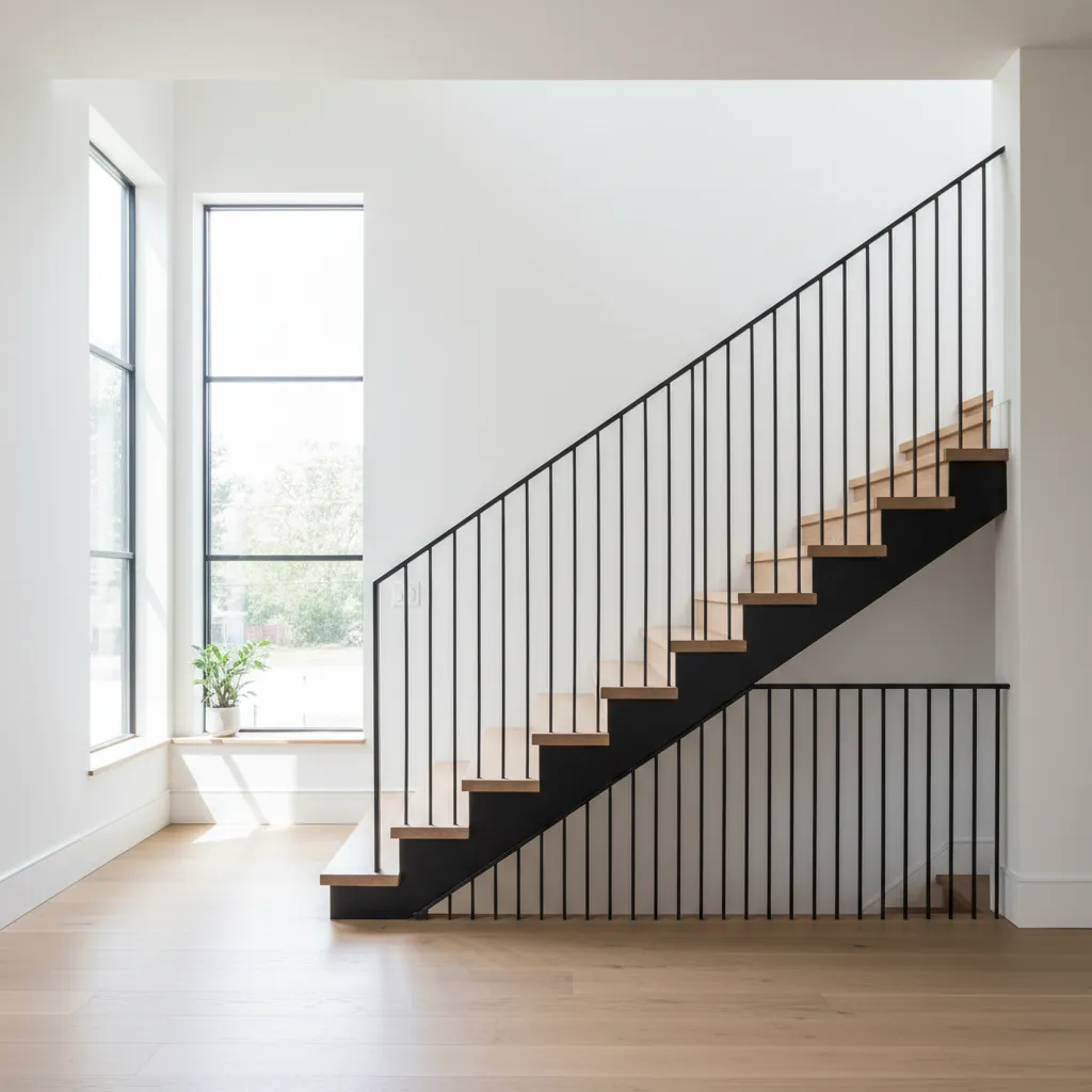 Escalera renovada con barandilla metálica negra moderna