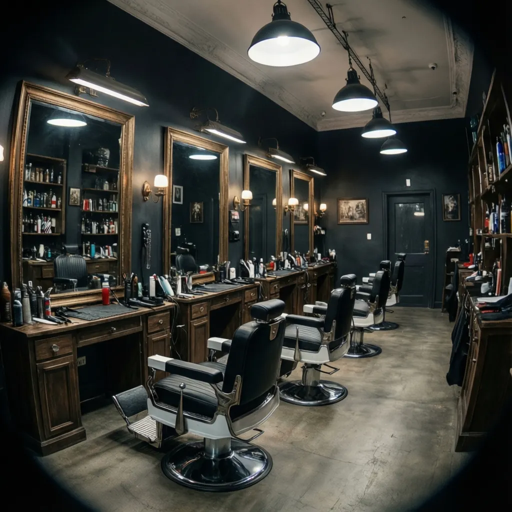 Interior de barbería con paredes oscuras y espejos grandes