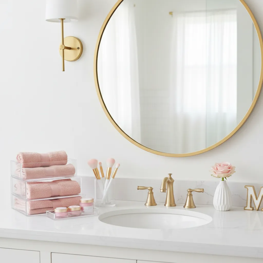 Barbie inspired bathroom accessories with pink towels gold mirror and acrylic organizers