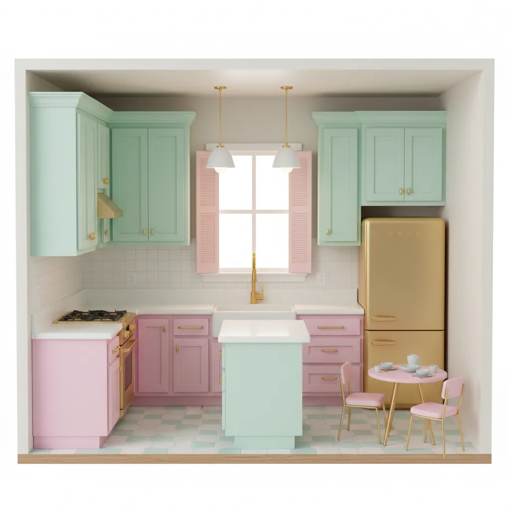 Barbie miniature kitchen with pastel mint pink and gold color palette