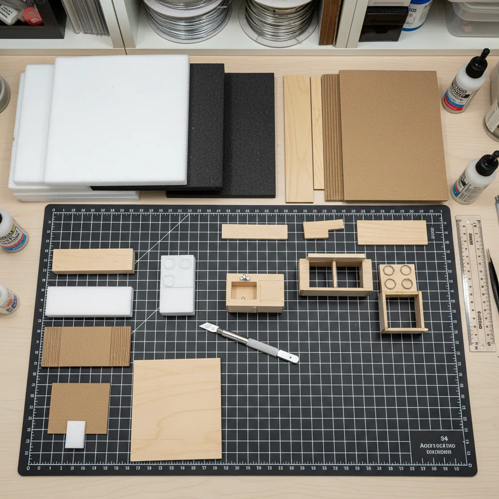 DIY workspace with foam board cardboard and wood pieces for building a Barbie kitchen playset