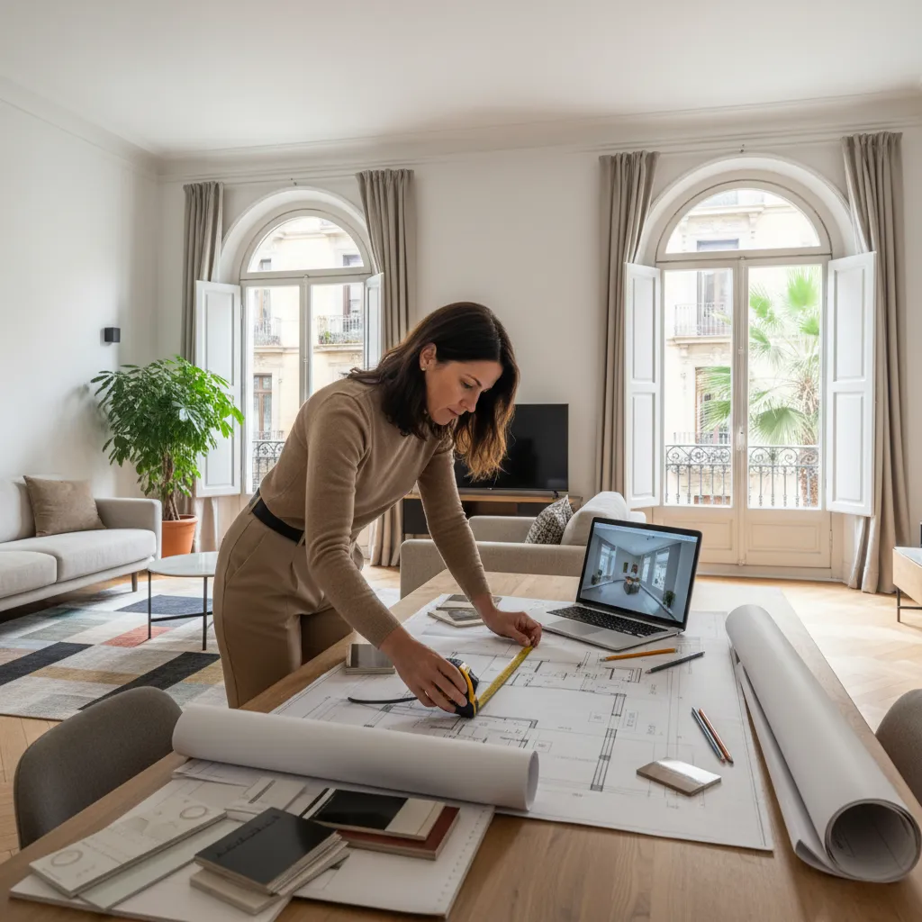 Decoradora analizando la distribución de un piso en Barcelona