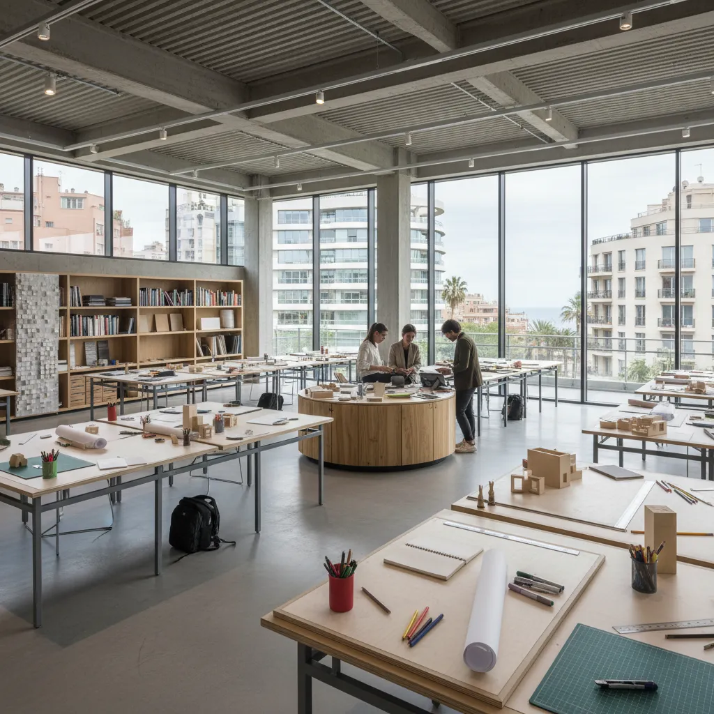 Espacio moderno de estudio de diseño en una escuela creativa de Barcelona