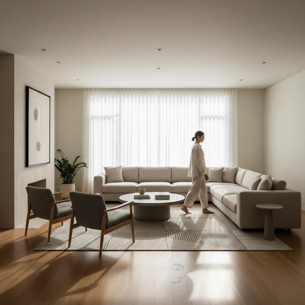 Barefoot person walking across hardwood living room floor