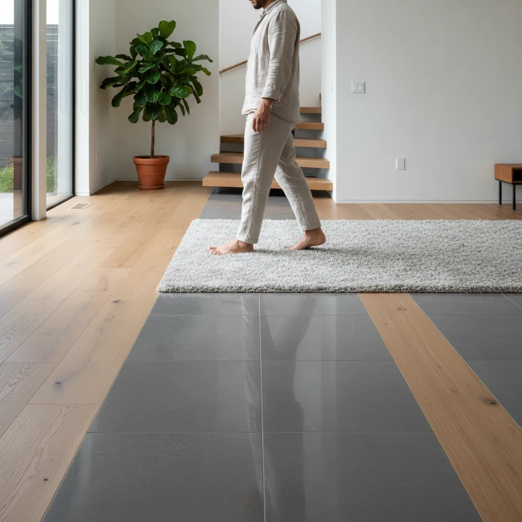 Person walking barefoot across hardwood carpet and tile flooring sections