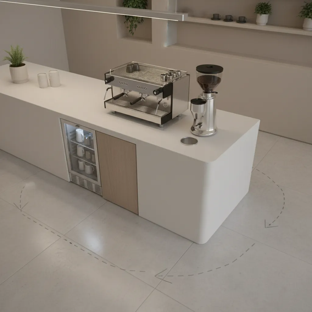 diagram style cafe barista work triangle with espresso machine grinder and milk station