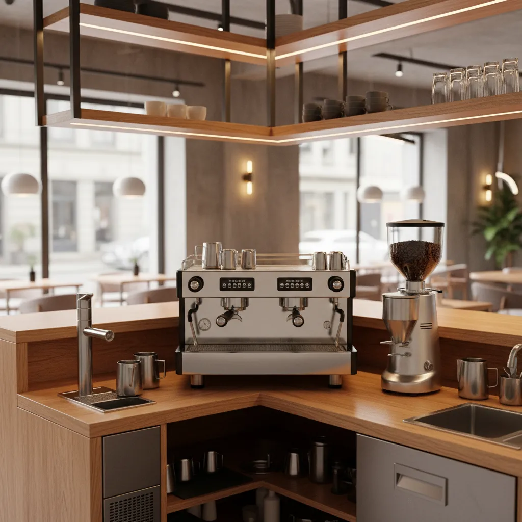 Barista workspace triangle with espresso machine grinder and prep counter