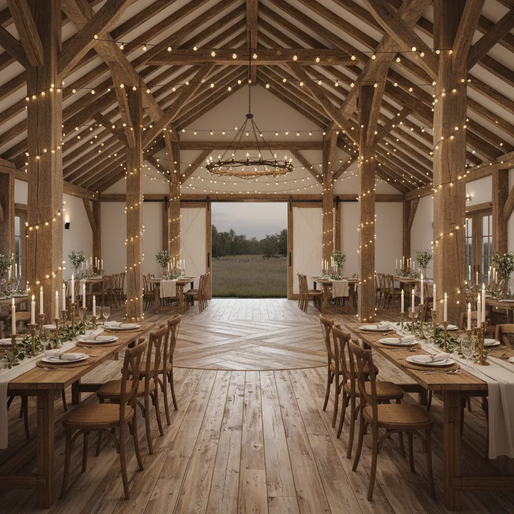 rustic barn wedding reception layout with long farmhouse tables and dance floor
