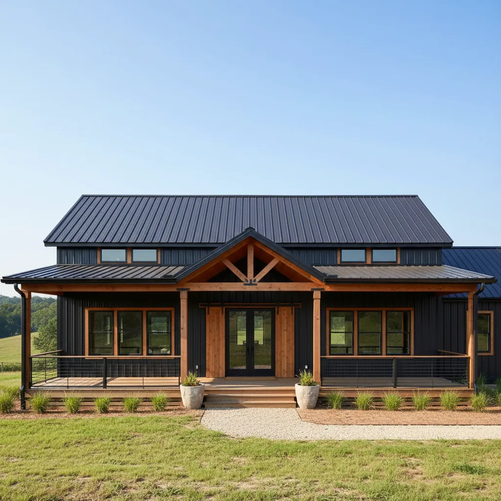 modern 3 bedroom barndominium exterior with metal siding and large porch