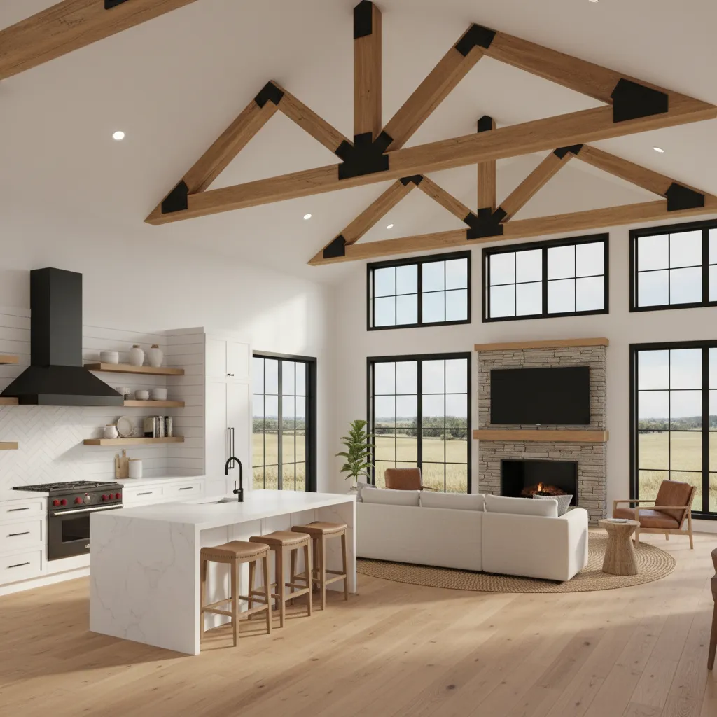 finished modern barndominium interior with kitchen and living space