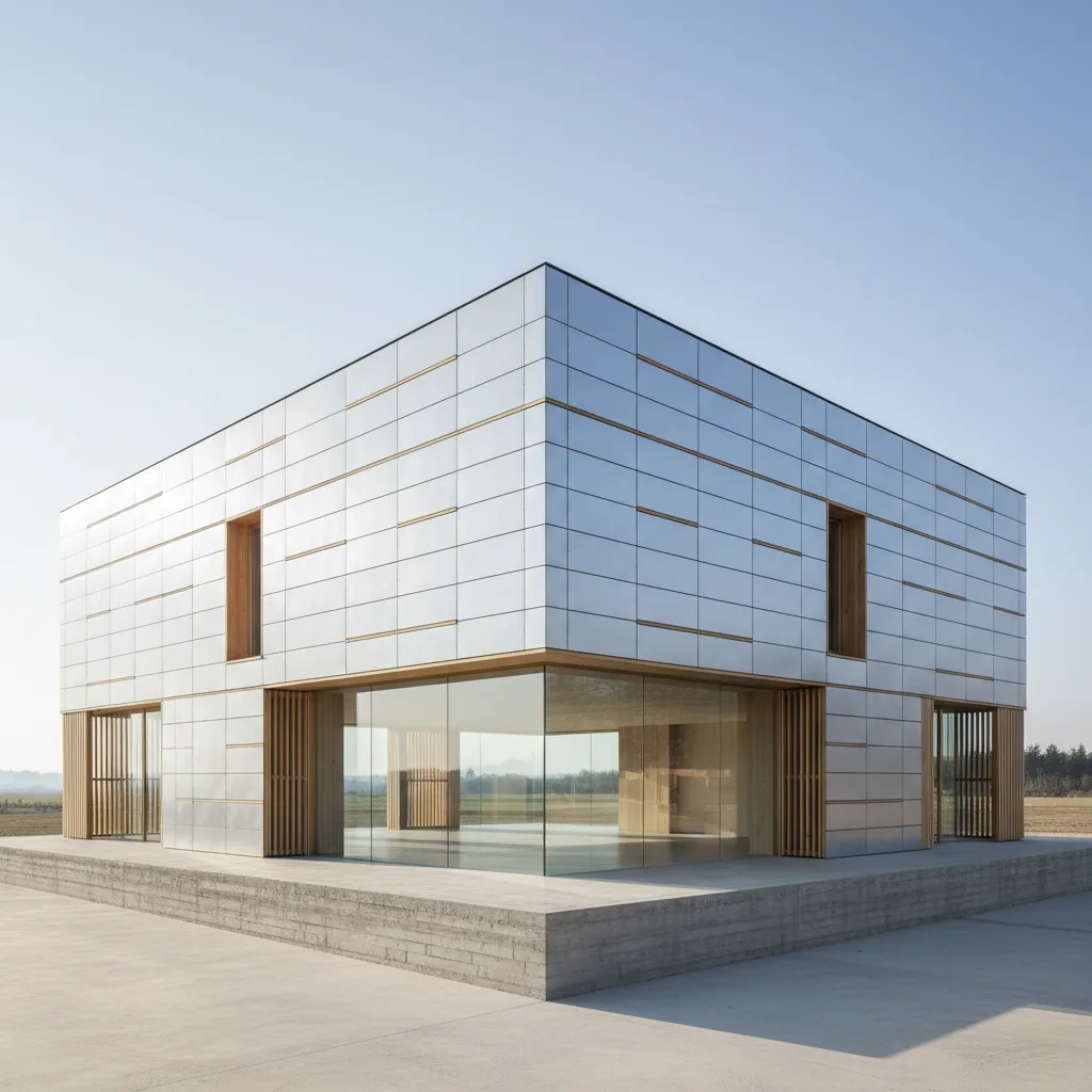 Modern square building with silver wall panels glass ground floor and wood window frames design