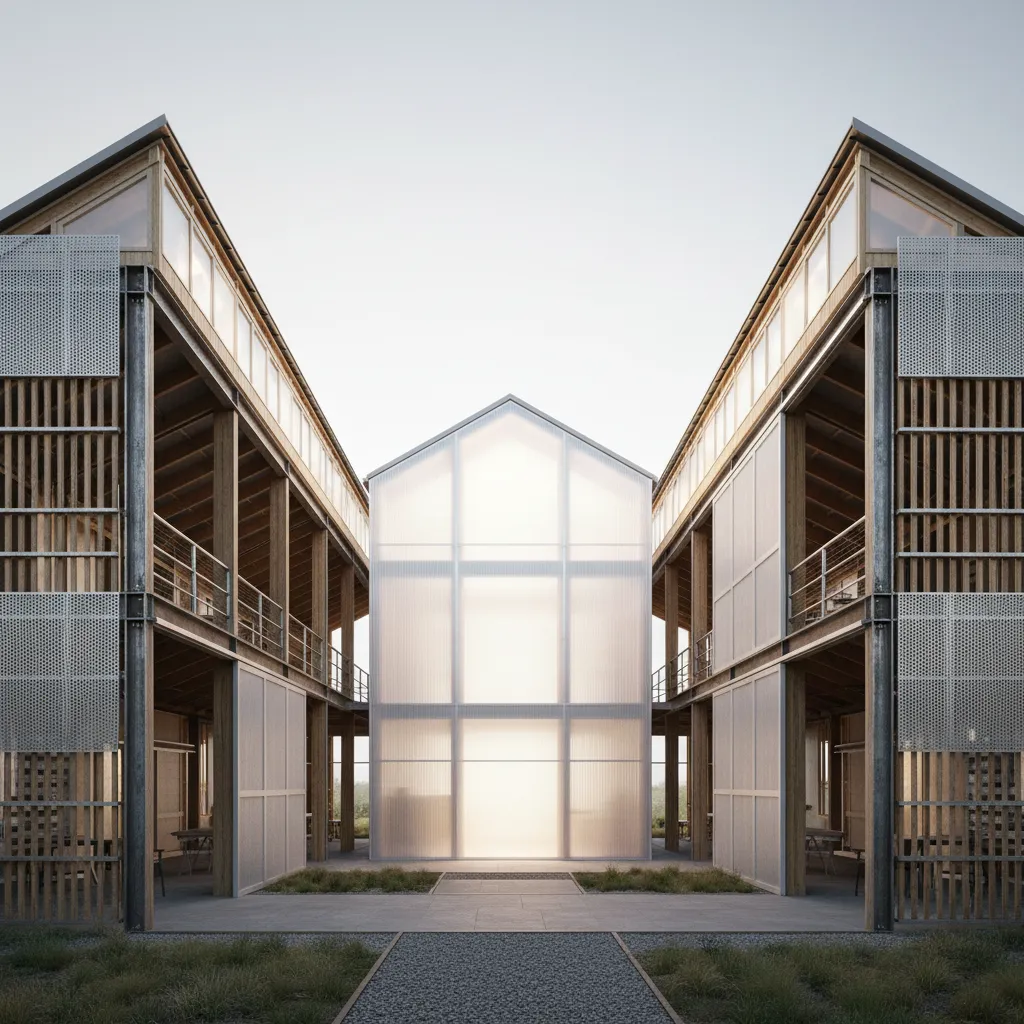 Modern outdoor interior design drawing with wooden structures metal pillars large glass windows and gravel path