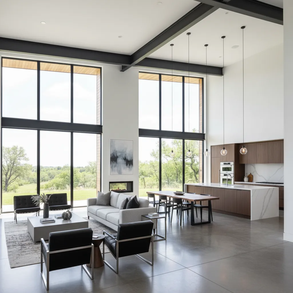 open concept barndominium interior living room kitchen design