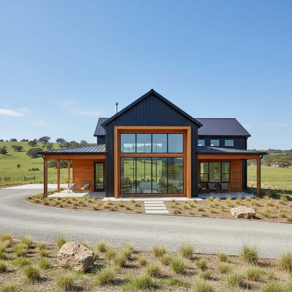 modern completed barndominium home with metal exterior in countryside