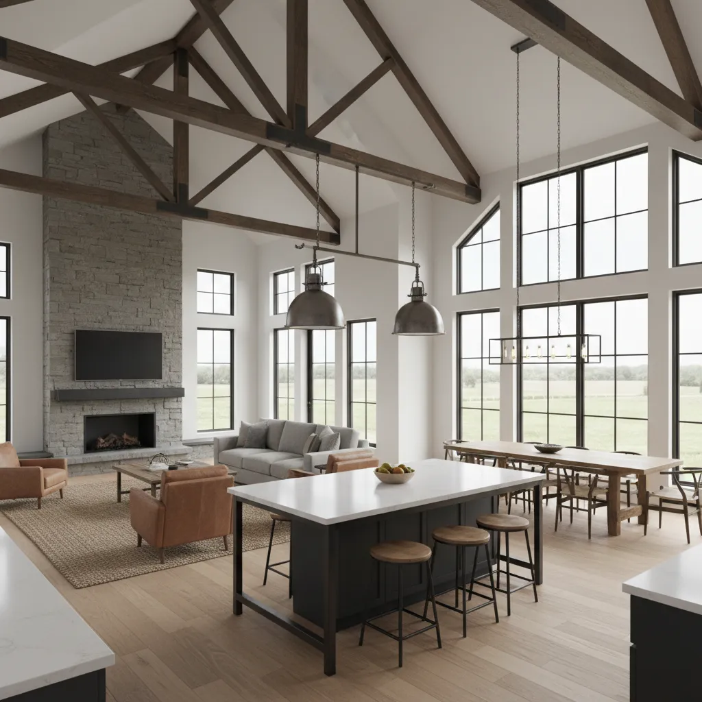 open concept barndominium interior with kitchen living room and high ceilings