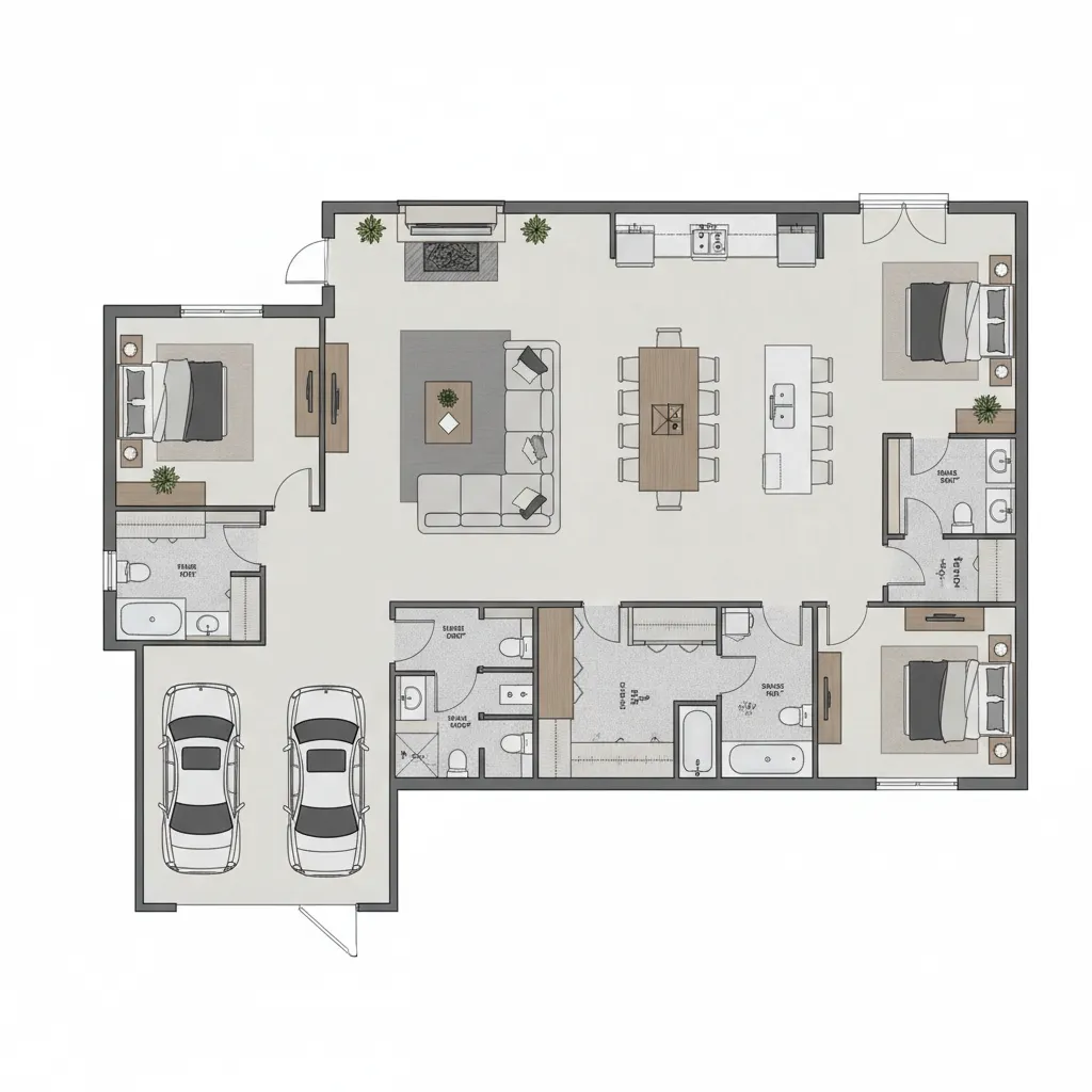 open concept 3 bedroom barndominium floor layout visualization