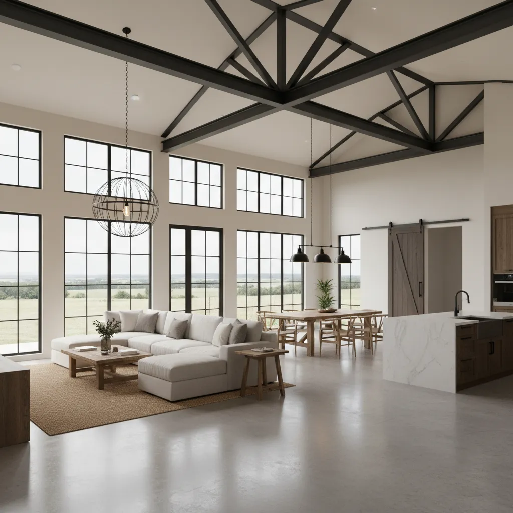 open concept barndominium interior layout with large living space