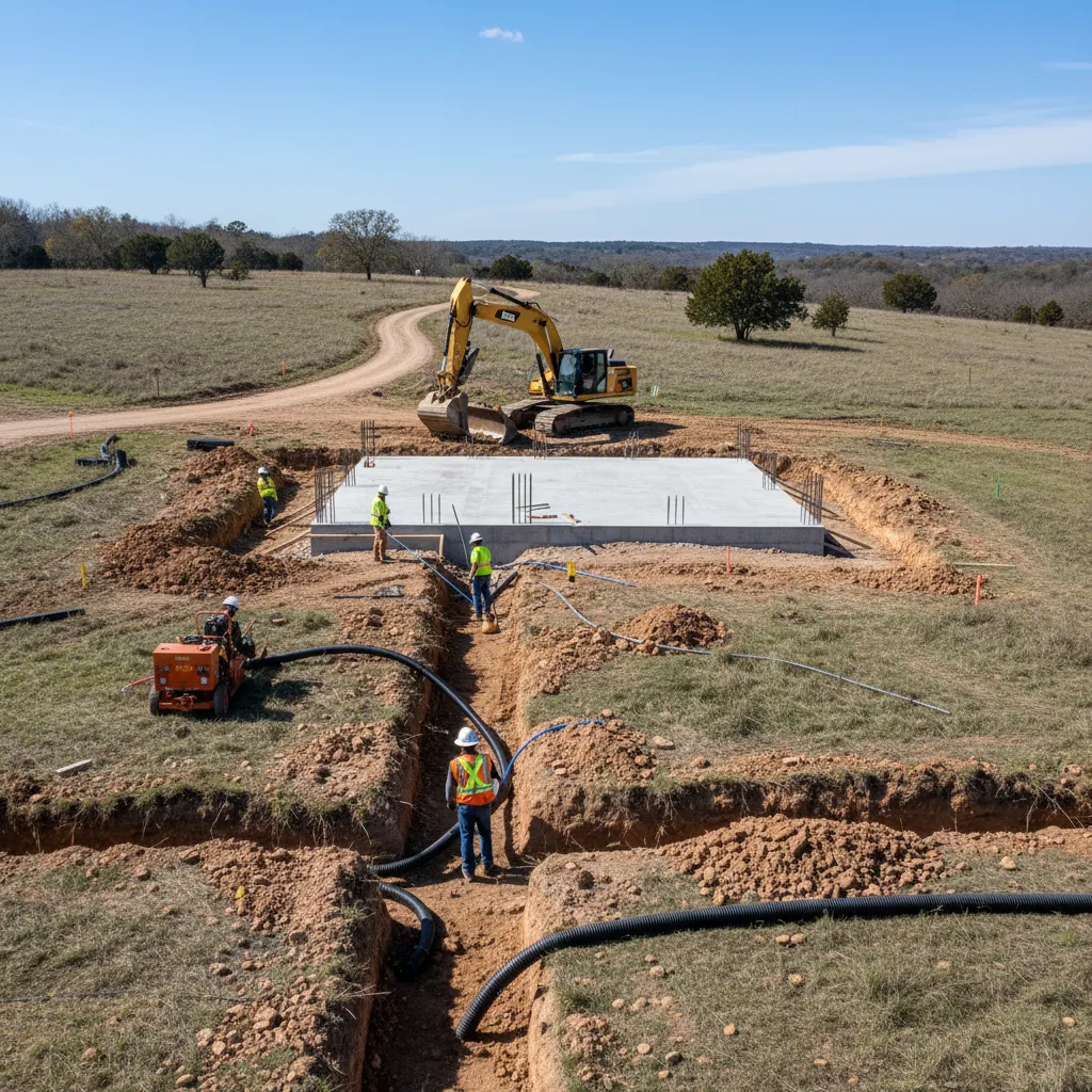 construction site showing trenching for utilities and foundation work