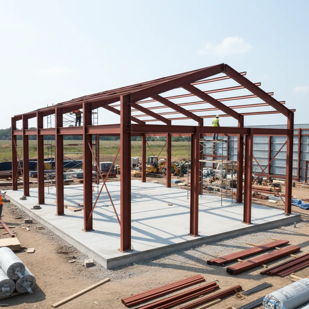 steel frame structure of barndominium during construction