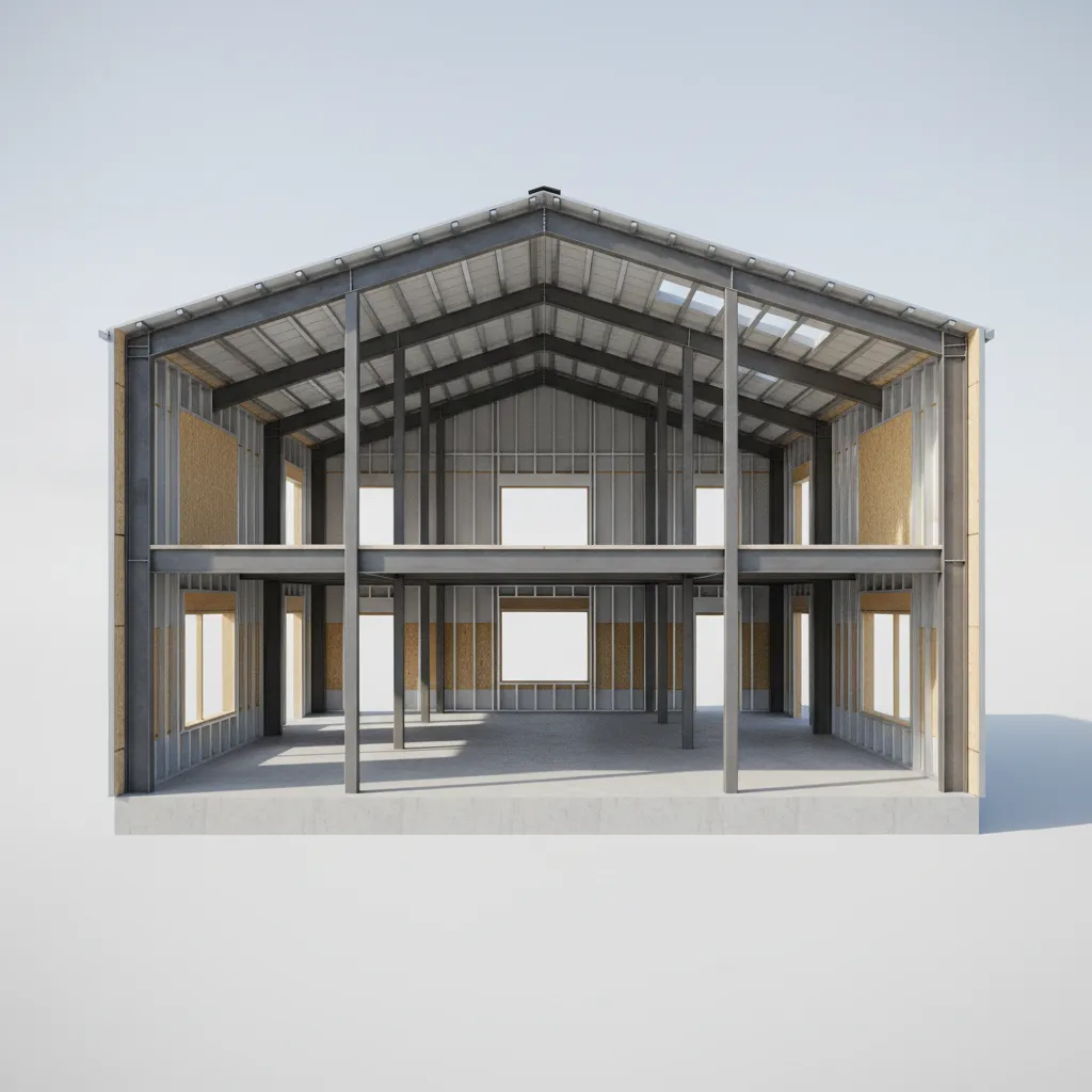 3d structural layout of barndominium interior framing