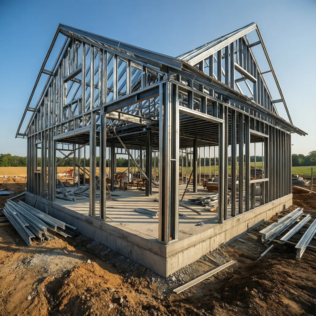 steel frame barndominium shell structure during early construction stage