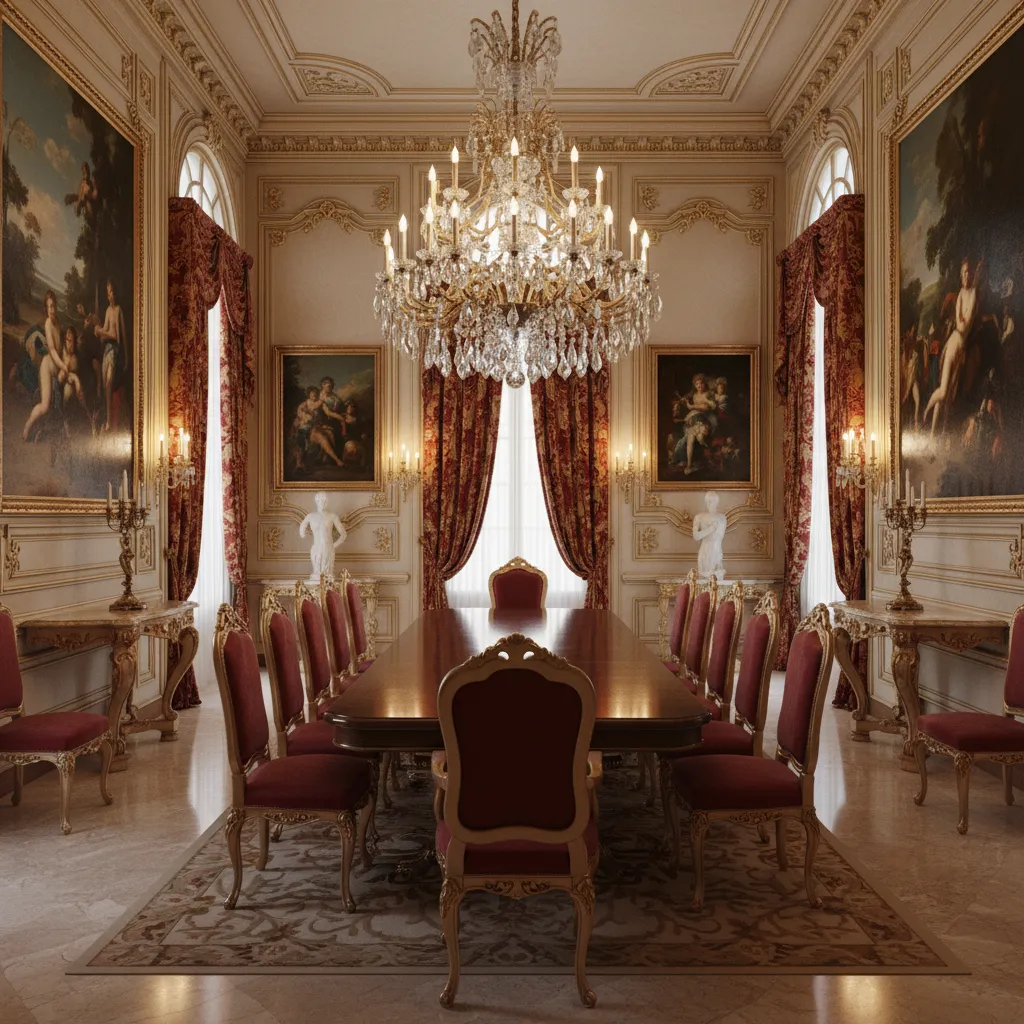 Dining room with Baroque chandelier and symmetrical dining chairs