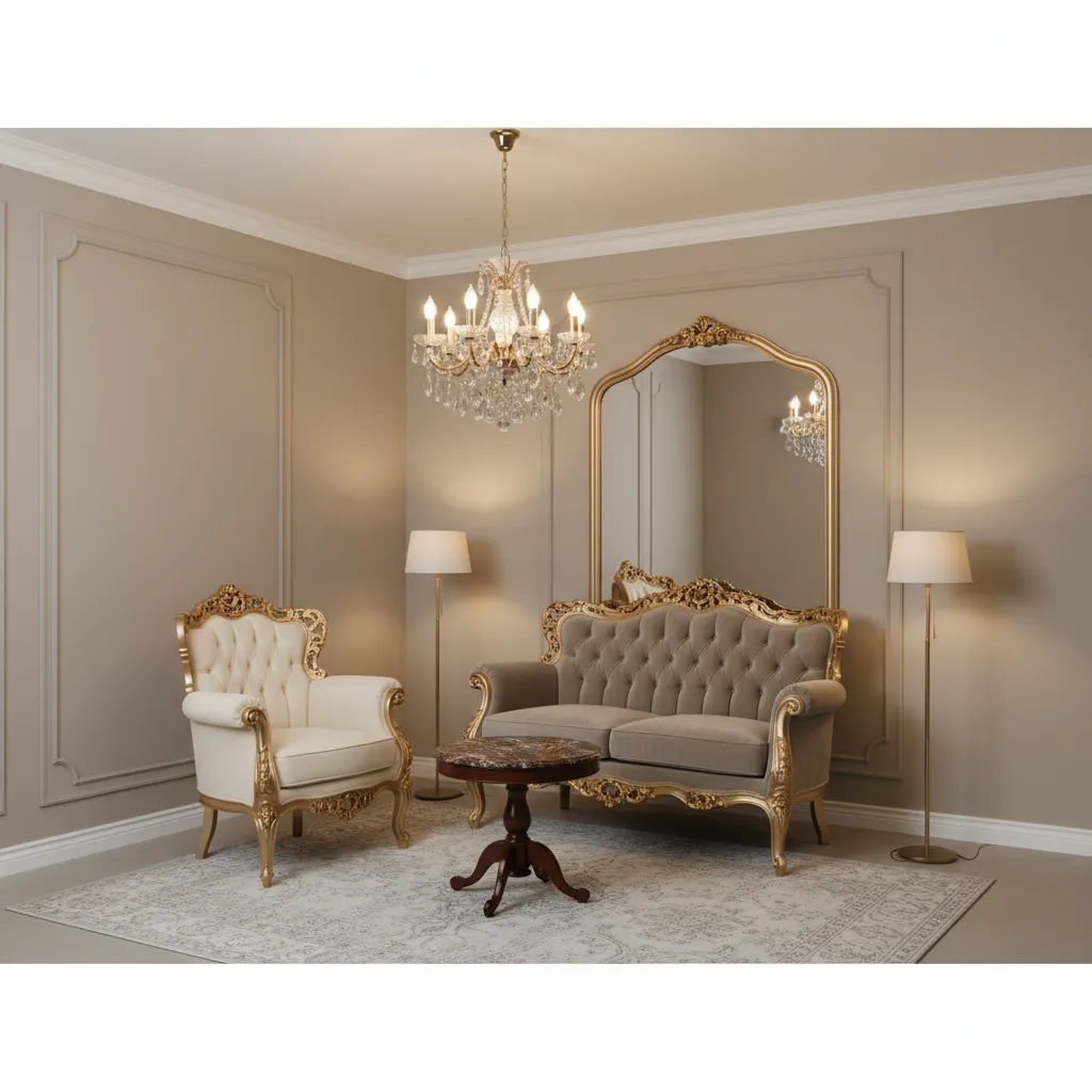 Baroque style furniture arranged with proper scale in a small living room