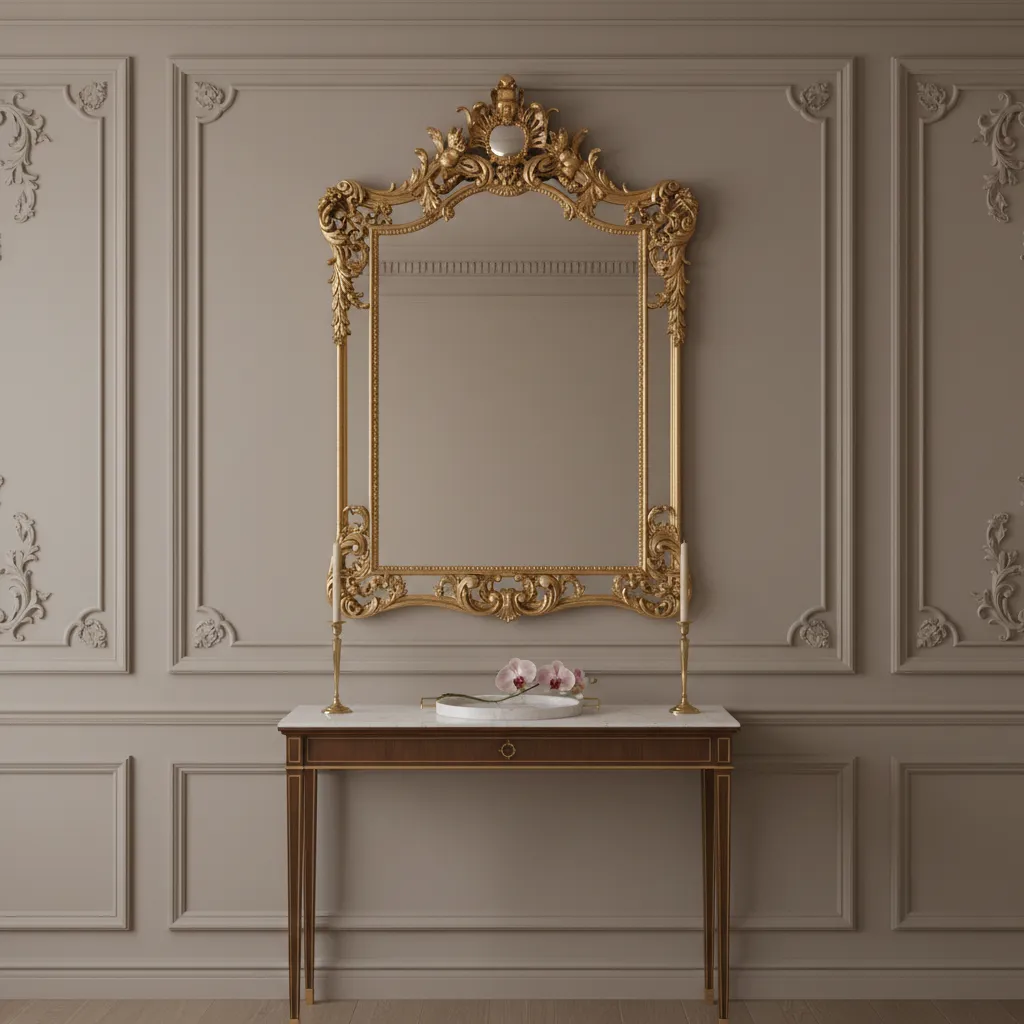 Baroque interior showing restrained gold accents and elegant wall decor