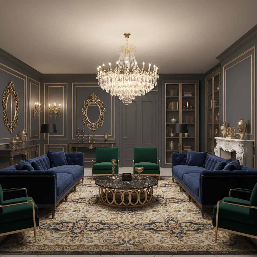 modern baroque inspired living room with dramatic lighting and symmetrical layout