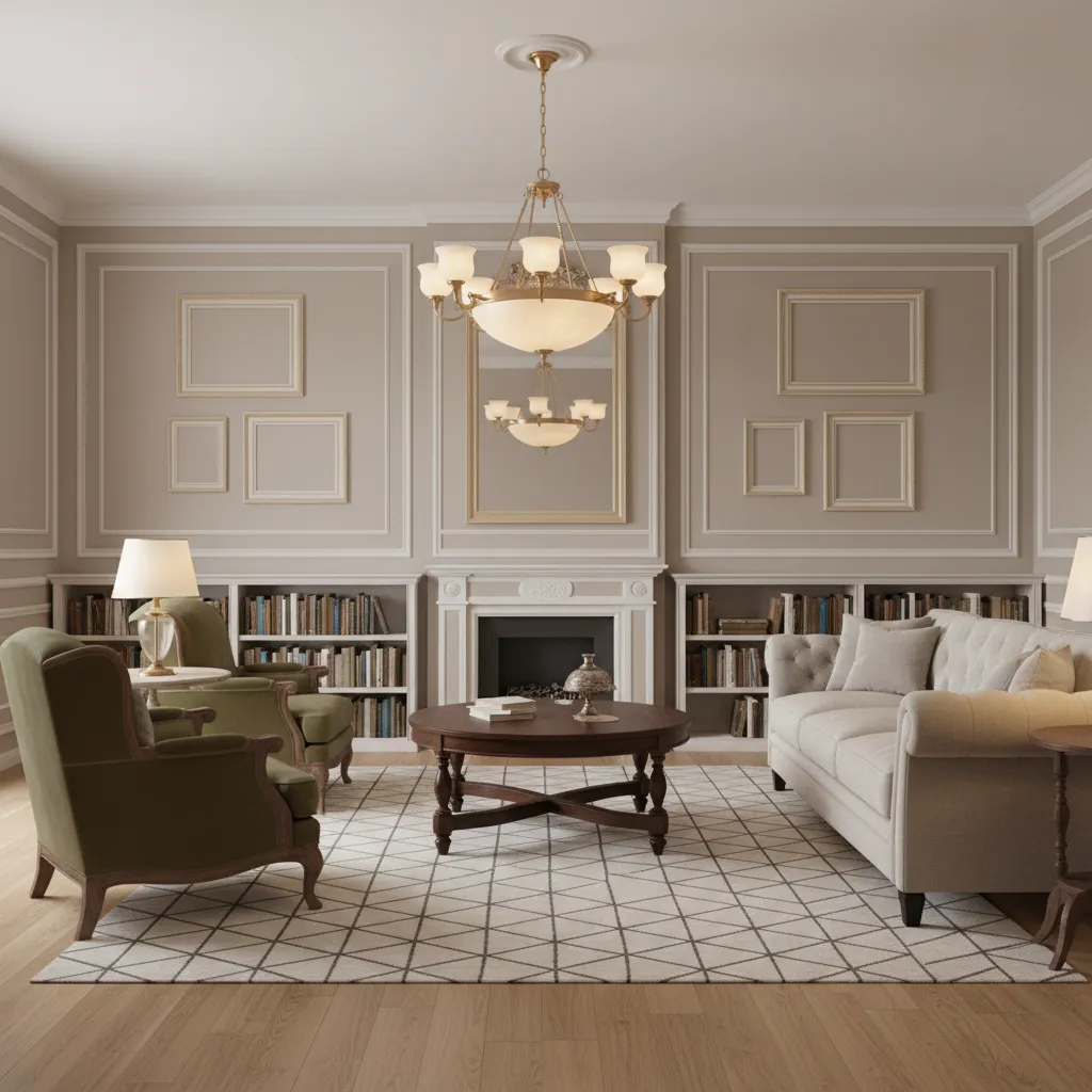 Living room with decorative wall moldings and classical baroque inspiration