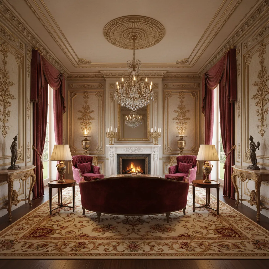 Baroque inspired living room with affordable materials and ornate wall details