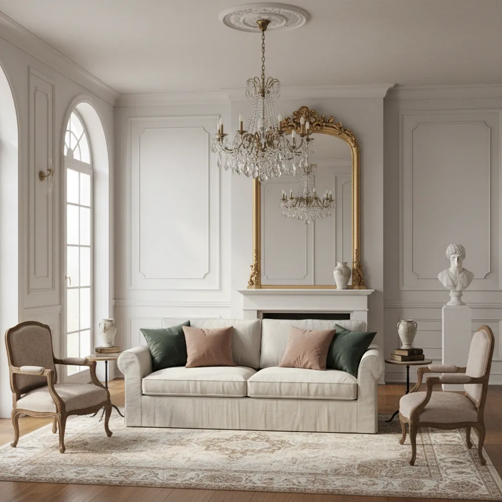 Living room with budget Baroque decor featuring chandelier and large gold mirror