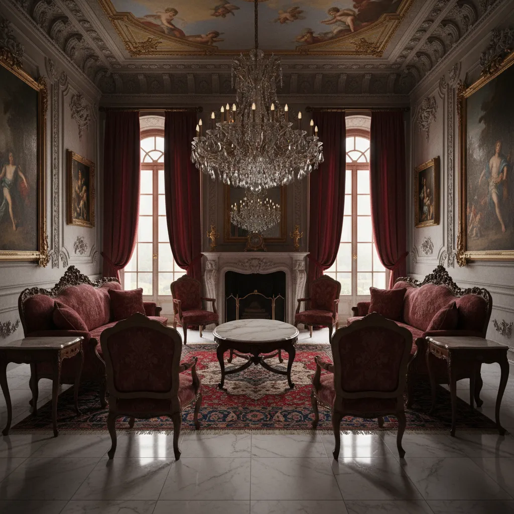 Luxurious Baroque living room with dark wood furniture and chandelier
