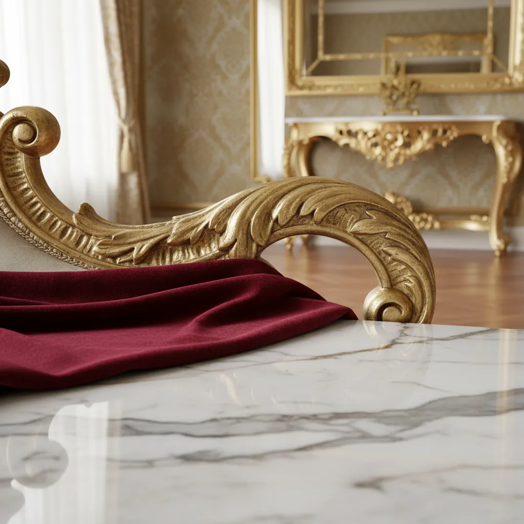 Close up of white marble surface with red velvet fabric and gold carved furniture detail