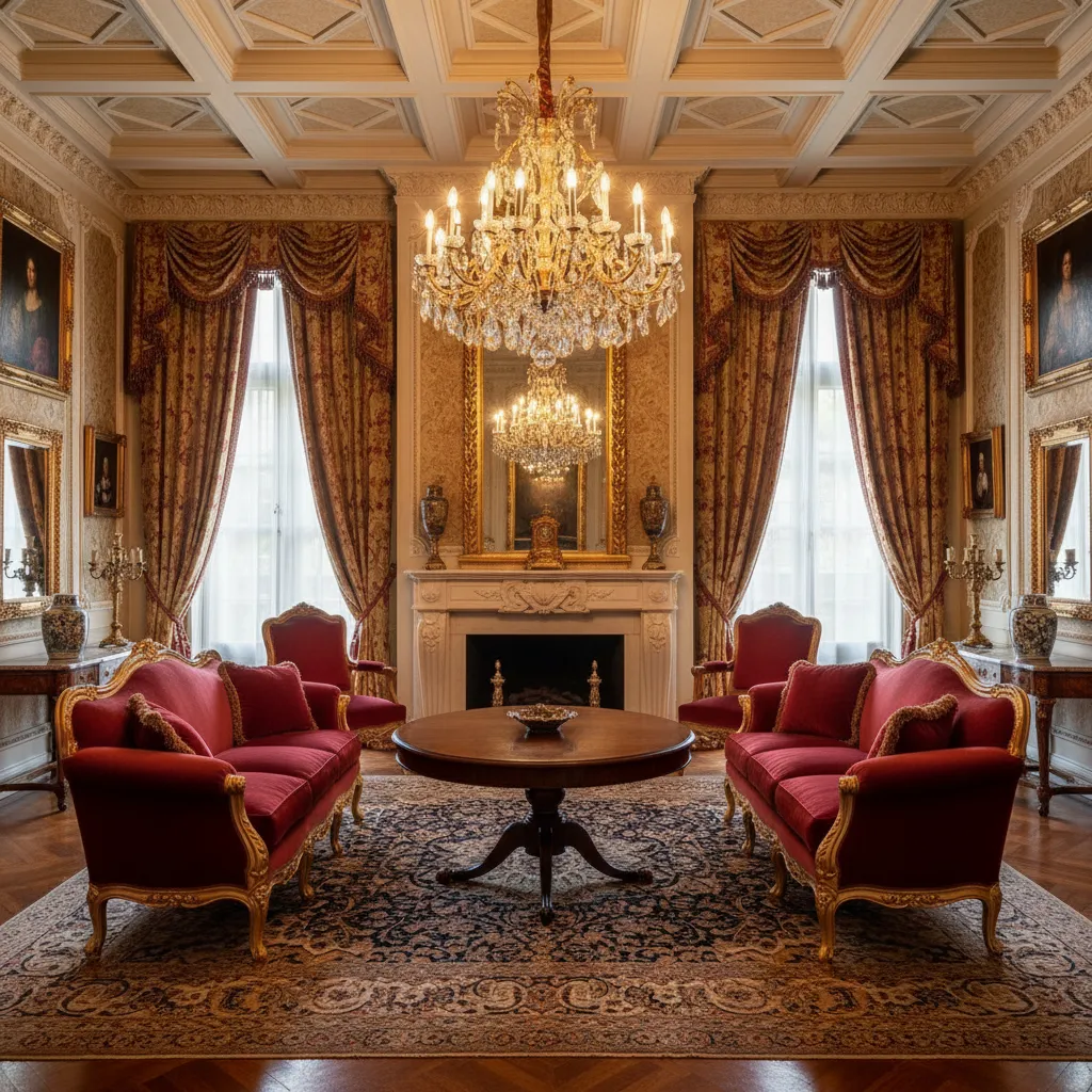 Symmetrical classical living room layout with chandelier and velvet furniture