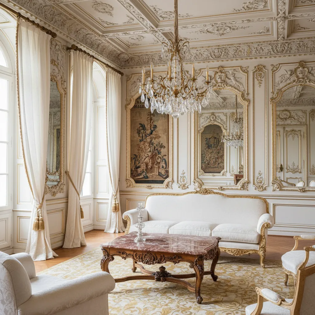Elegant white living room with gold wall panel ceiling light marble coffee table and windows