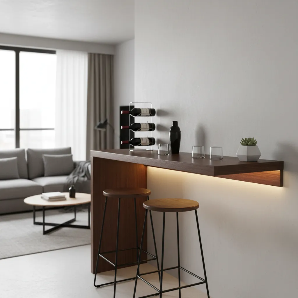 Pequeña barra de bar en un apartamento compacto